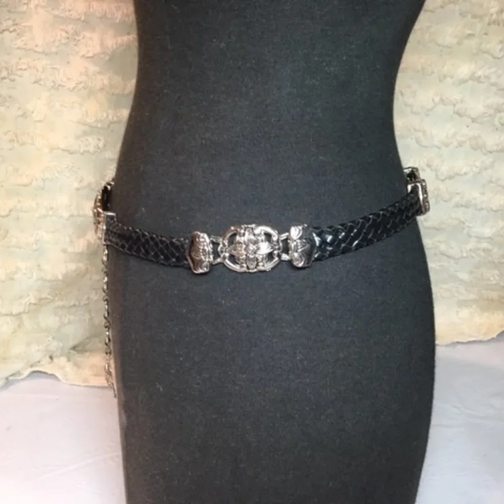 Braided Leather Navy w/ Floral Silver Toned Ornaments Belt Small